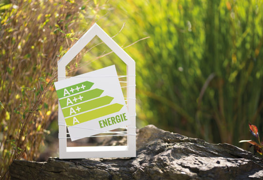 Weißes Haus im Garten mit Schild Energielabel